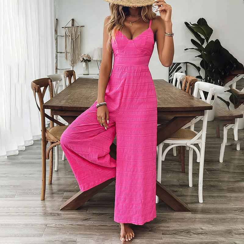 Women's Elegant Pink Sleeveless Jumpsuit With Back Bow V-Neck Palazzo Pants, Vintage Style Casual Beachwear For Spring & Summer