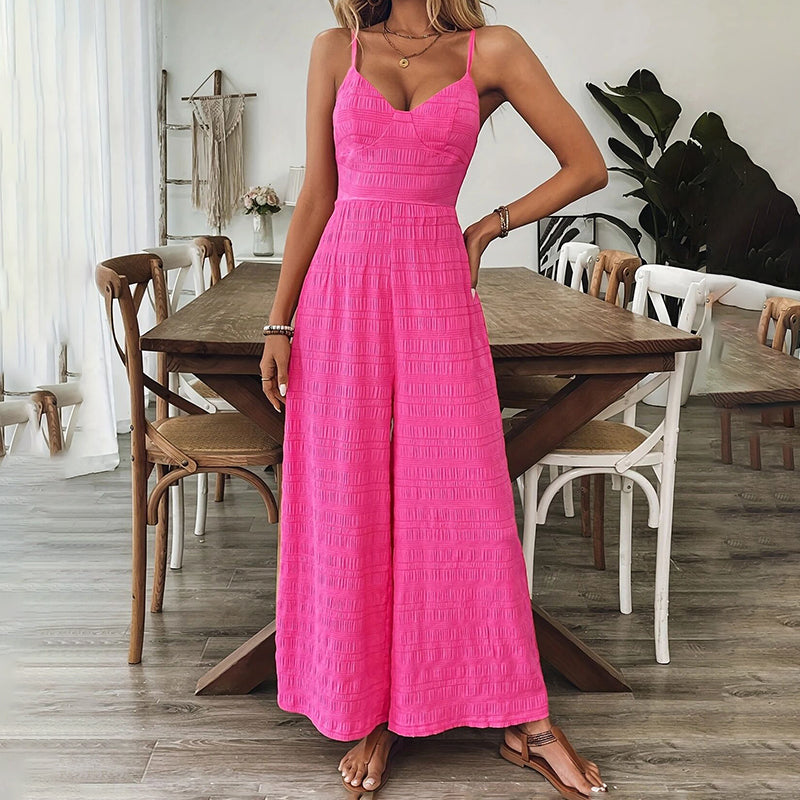Women's Elegant Pink Sleeveless Jumpsuit With Back Bow V-Neck Palazzo Pants, Vintage Style Casual Beachwear For Spring & Summer