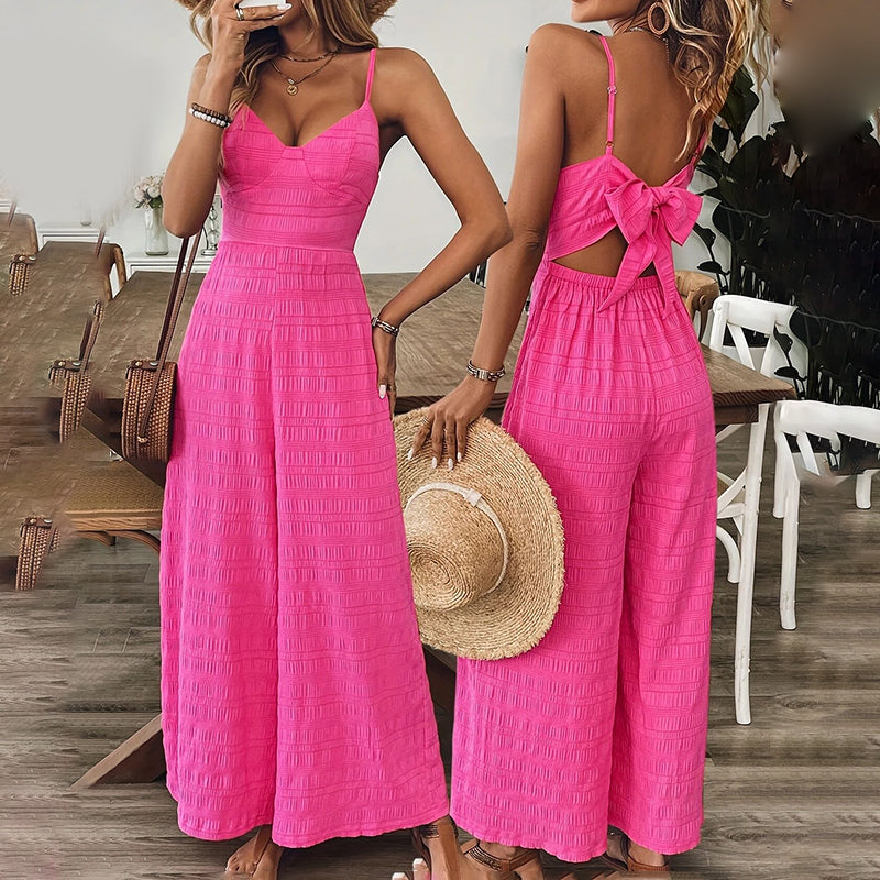 Women's Elegant Pink Sleeveless Jumpsuit With Back Bow V-Neck Palazzo Pants, Vintage Style Casual Beachwear For Spring & Summer