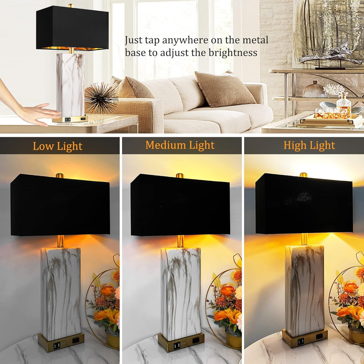 Touch Control Table Lamps Set Of 2, Modern Contemporary Bedside Lamp With 2 USB Ports 1 AC Outlet, 3-Way Dimmable Nightstand Lamp Faux Marble Gold Black Rectangular Shade For Living Room Bedroom