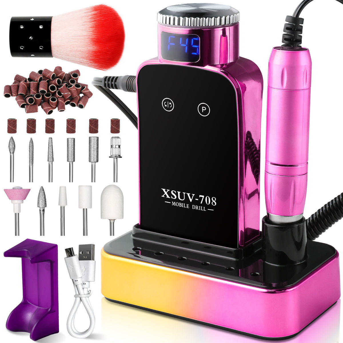 Professional Electric Nail Drill, 45000 RPM Cordless Rechargeable E-File Machine, With 12 Bits, Sanding Bands, LCD Display For Acrylic Gel Nails