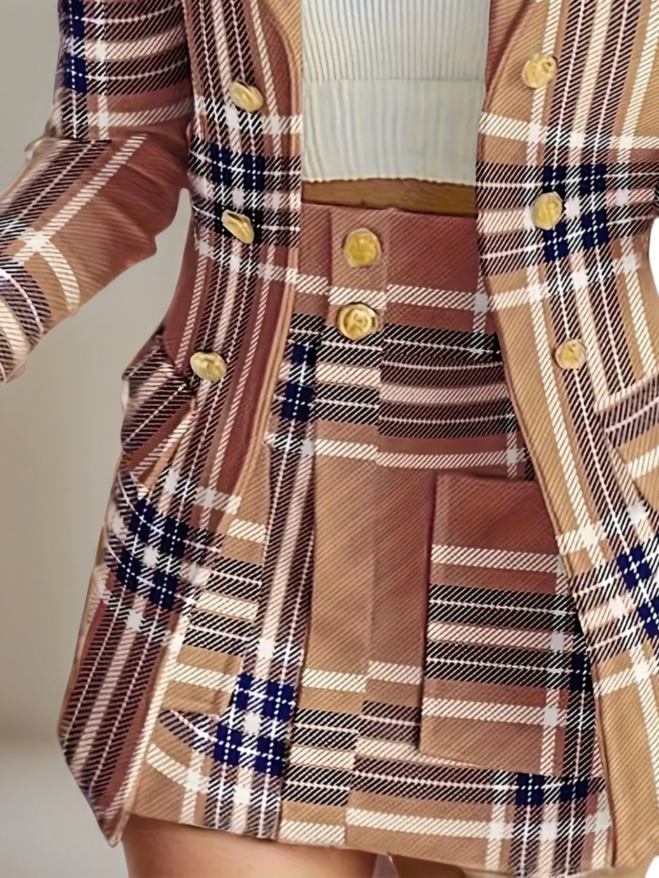 Women's Elegant Set, Double Breasted Long Sleeved Plaid Lapel Jacket&plaid Skirt With Pockets, Double Breasted Closure, Perfect For Work And Formal Occasions - Ideal Gift For Women