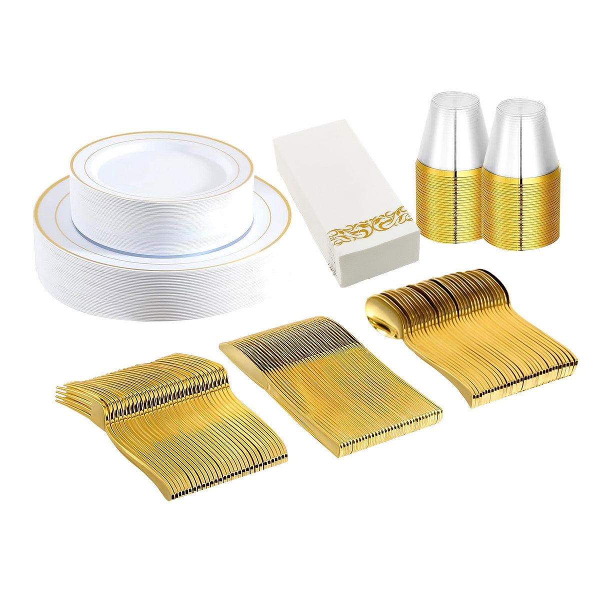 Set Of 175Pcs Disposable Gold Dinnerware Set Gold Rim Plastic Plates Cups Fork Spoon Knife Paper Napkins For Party Wedding Graduation