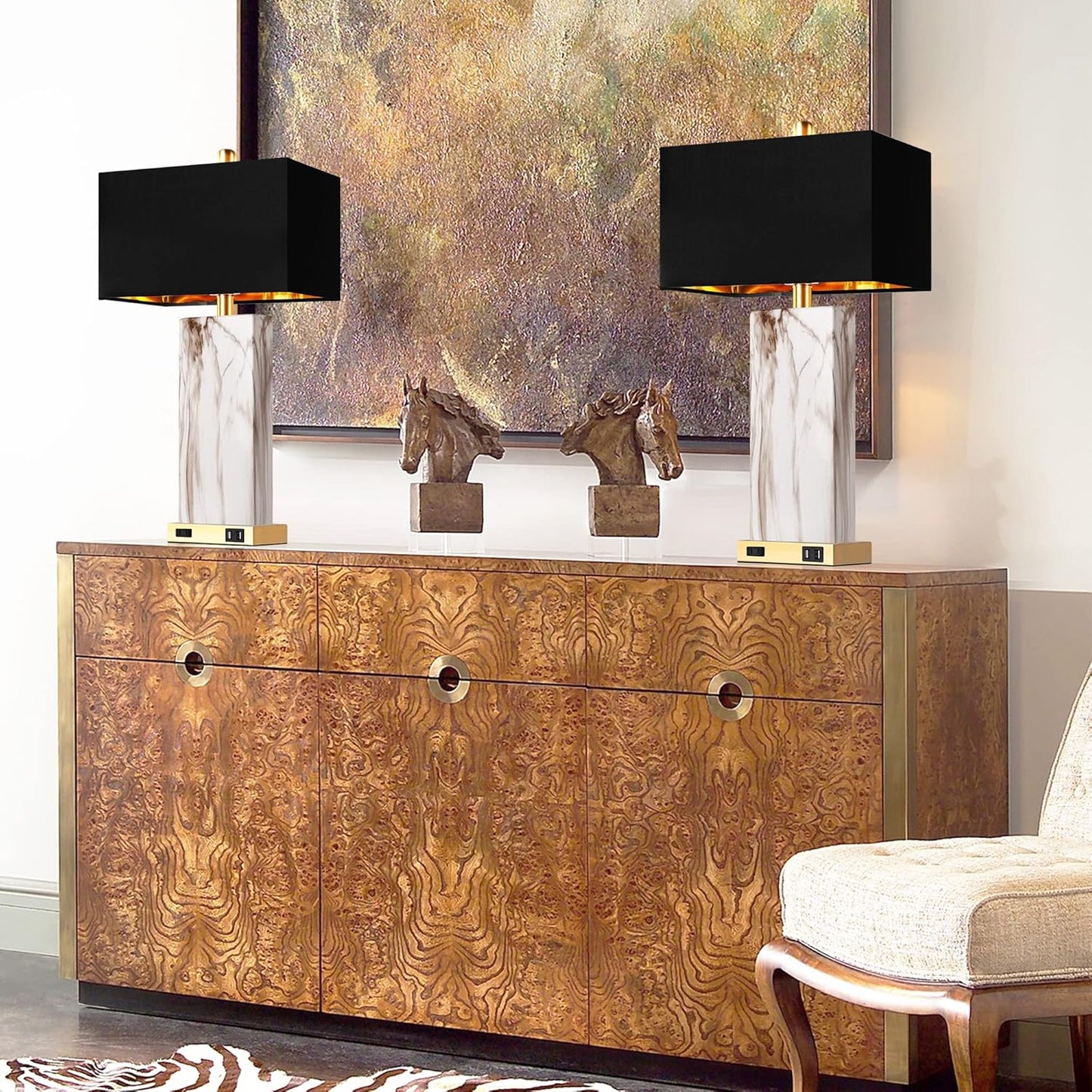 Touch Control Table Lamps Set Of 2, Modern Contemporary Bedside Lamp With 2 USB Ports 1 AC Outlet, 3-Way Dimmable Nightstand Lamp Faux Marble Gold Black Rectangular Shade For Living Room Bedroom