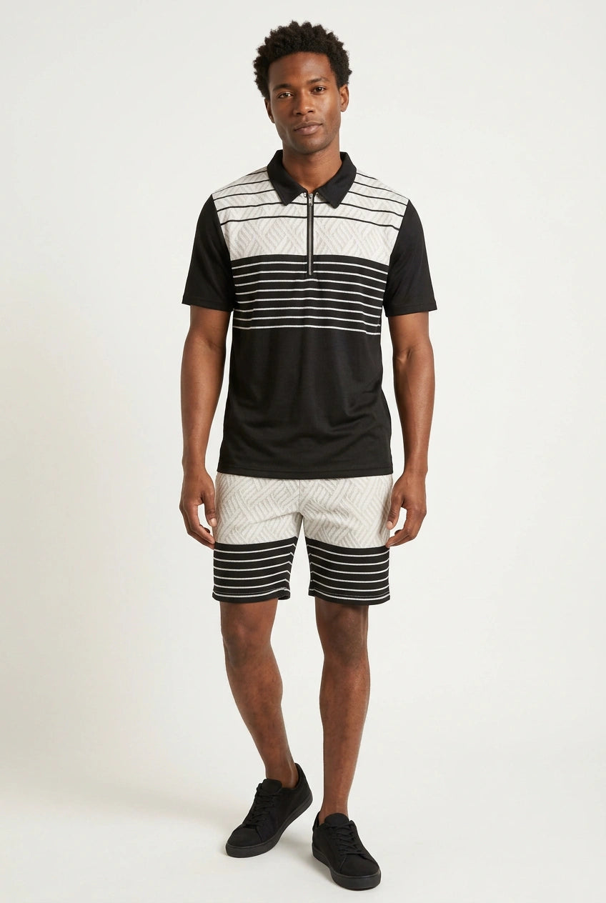 2 Piece Black And White Collared Zipper Shirt + Shorts