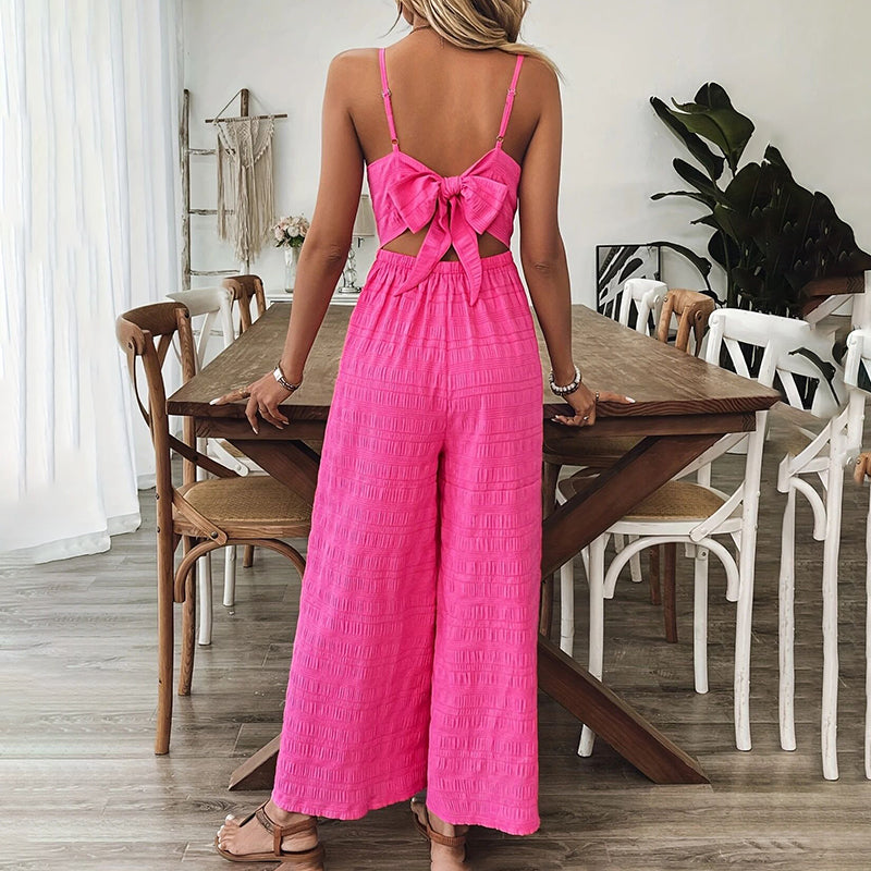 Women's Elegant Pink Sleeveless Jumpsuit With Back Bow V-Neck Palazzo Pants, Vintage Style Casual Beachwear For Spring & Summer