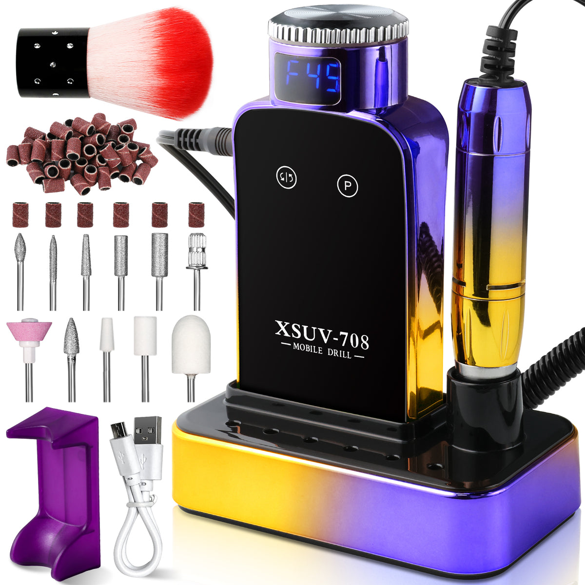 Professional Electric Nail Drill, 45000 RPM Cordless Rechargeable E-File Machine, With 12 Bits, Sanding Bands, LCD Display For Acrylic Gel Nails