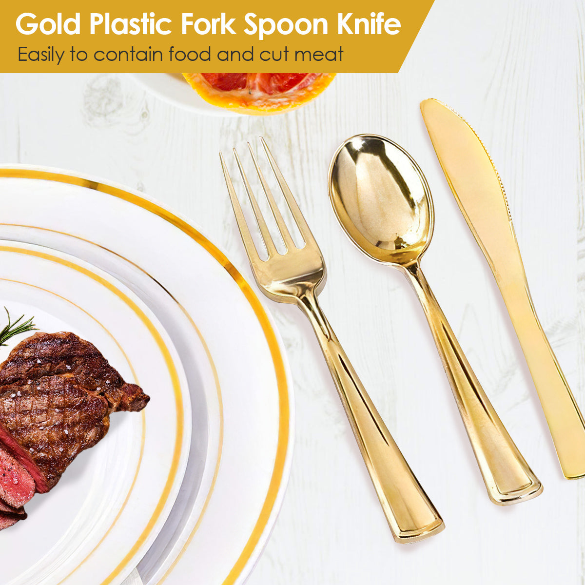 Set Of 175Pcs Disposable Gold Dinnerware Set Gold Rim Plastic Plates Cups Fork Spoon Knife Paper Napkins For Party Wedding Graduation
