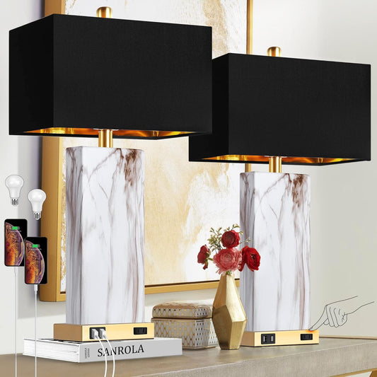 Touch Control Table Lamps Set Of 2, Modern Contemporary Bedside Lamp With 2 USB Ports 1 AC Outlet, 3-Way Dimmable Nightstand Lamp Faux Marble Gold Black Rectangular Shade For Living Room Bedroom