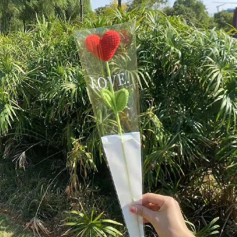 Handmade Knitted Flower Red Heart Shaped Knit Plant Crochet Flower Bouquet Christmas Valentine's Day Mother‘s Day Gift