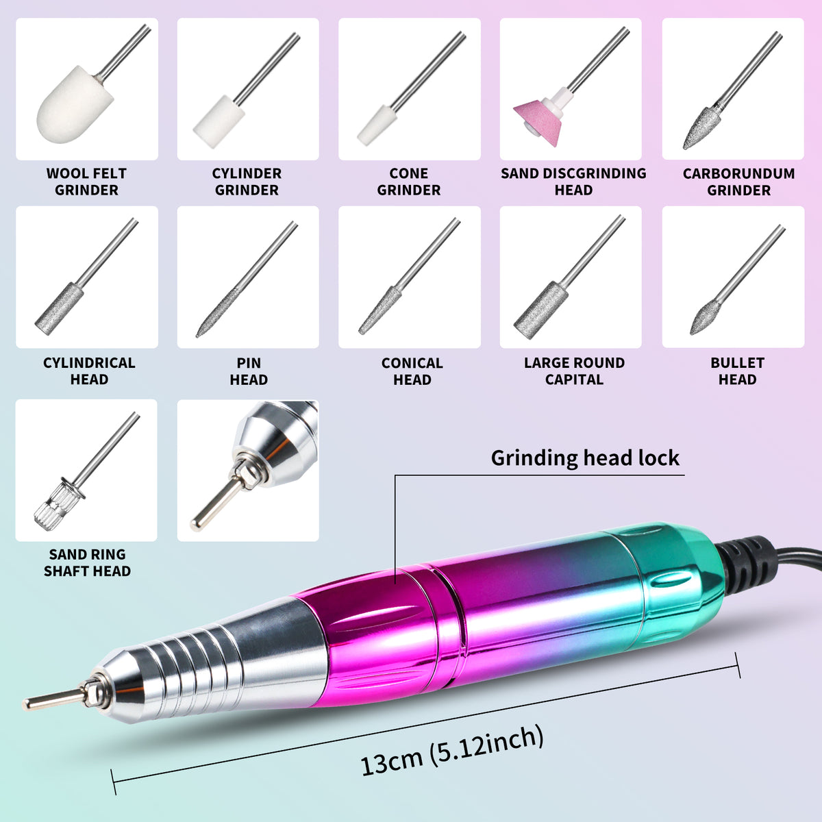 Professional Electric Nail Drill, 45000 RPM Cordless Rechargeable E-File Machine, With 12 Bits, Sanding Bands, LCD Display For Acrylic Gel Nails