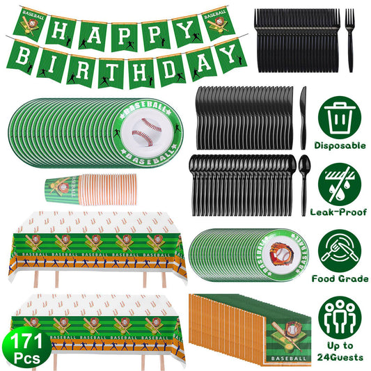 171Pcs Baseball Party Supplies Kit Baseball Birthday Party Disposable Dinnerware Set Baseball Themed Party Tableware Decorations Cups Plates Napkins Spoons Knives Forks Tableclothes