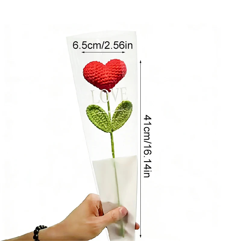 Handmade Knitted Flower Red Heart Shaped Knit Plant Crochet Flower Bouquet Christmas Valentine's Day Mother‘s Day Gift