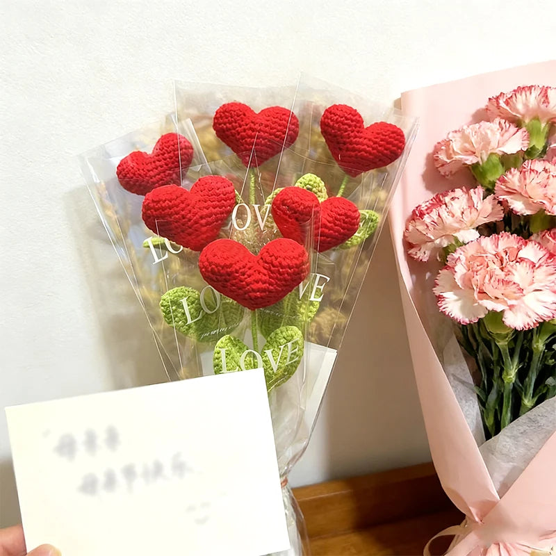 Handmade Knitted Flower Red Heart Shaped Knit Plant Crochet Flower Bouquet Christmas Valentine's Day Mother‘s Day Gift