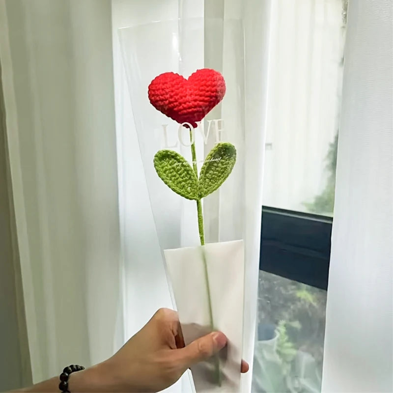 Handmade Knitted Flower Red Heart Shaped Knit Plant Crochet Flower Bouquet Christmas Valentine's Day Mother‘s Day Gift