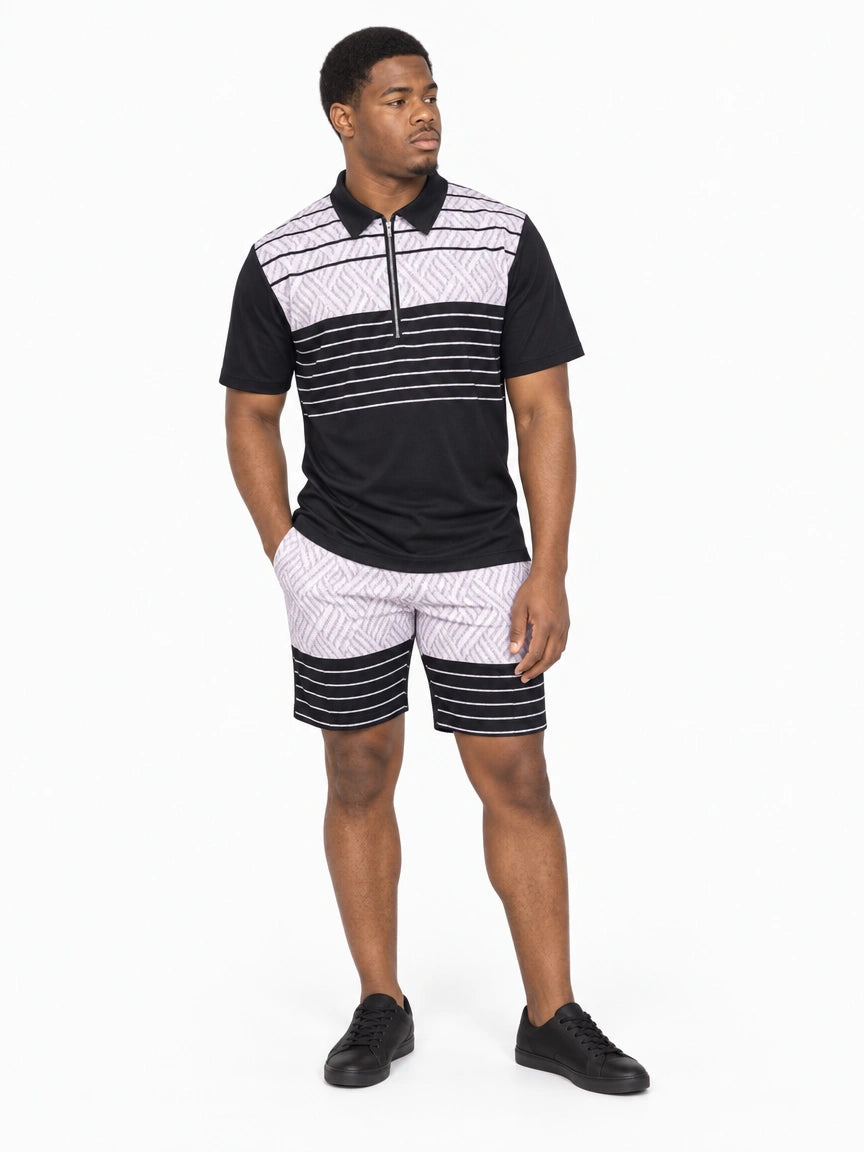 2 Piece Black And White Collared Zipper Shirt + Shorts